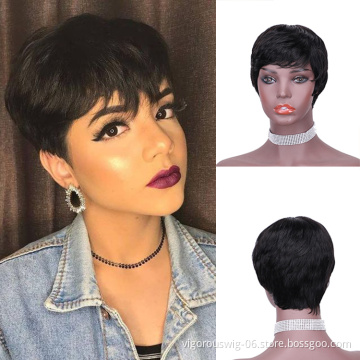 Vigorous Women Human Hair Wig Bob Hair Cut Pixie Side Part Black Fluffy  Human hair Wig Daily Use For Women